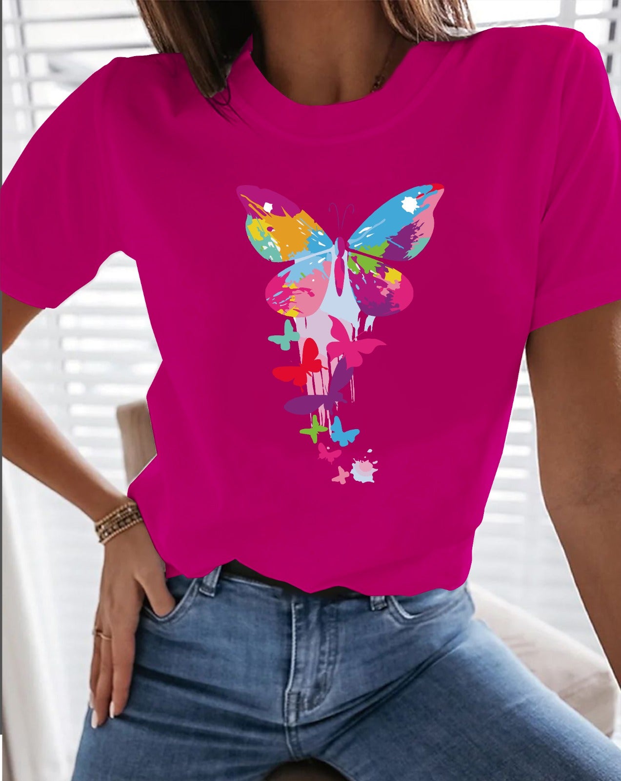 Jeans Camisetas Con Mariposas CAMISETA FUCSIA MARIPOSA ROSA