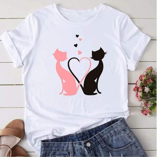 CAMISETA DAMA GATO ROSA-NEGRO