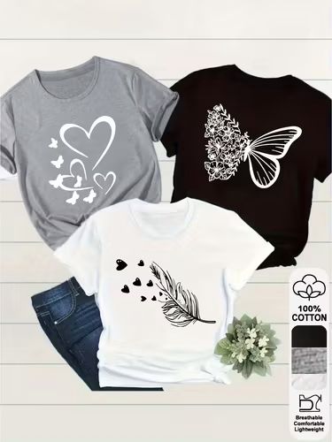 PACK DE CAMISETAS DAMA  MARIPOSA -PLUMA-CORAZON