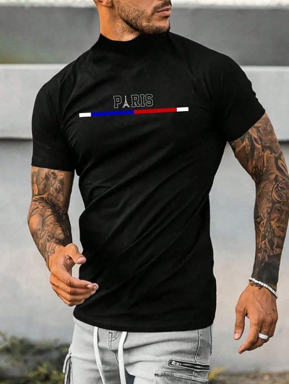 CAMISETA HOMBRE NEGRA TORRE PARIS LINEA AZUL- BLANCA-ROJA