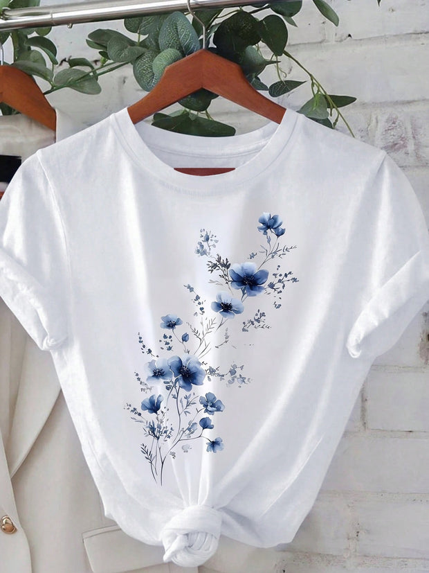 CAMISETA DAMA BLANCA FLORES AZULES